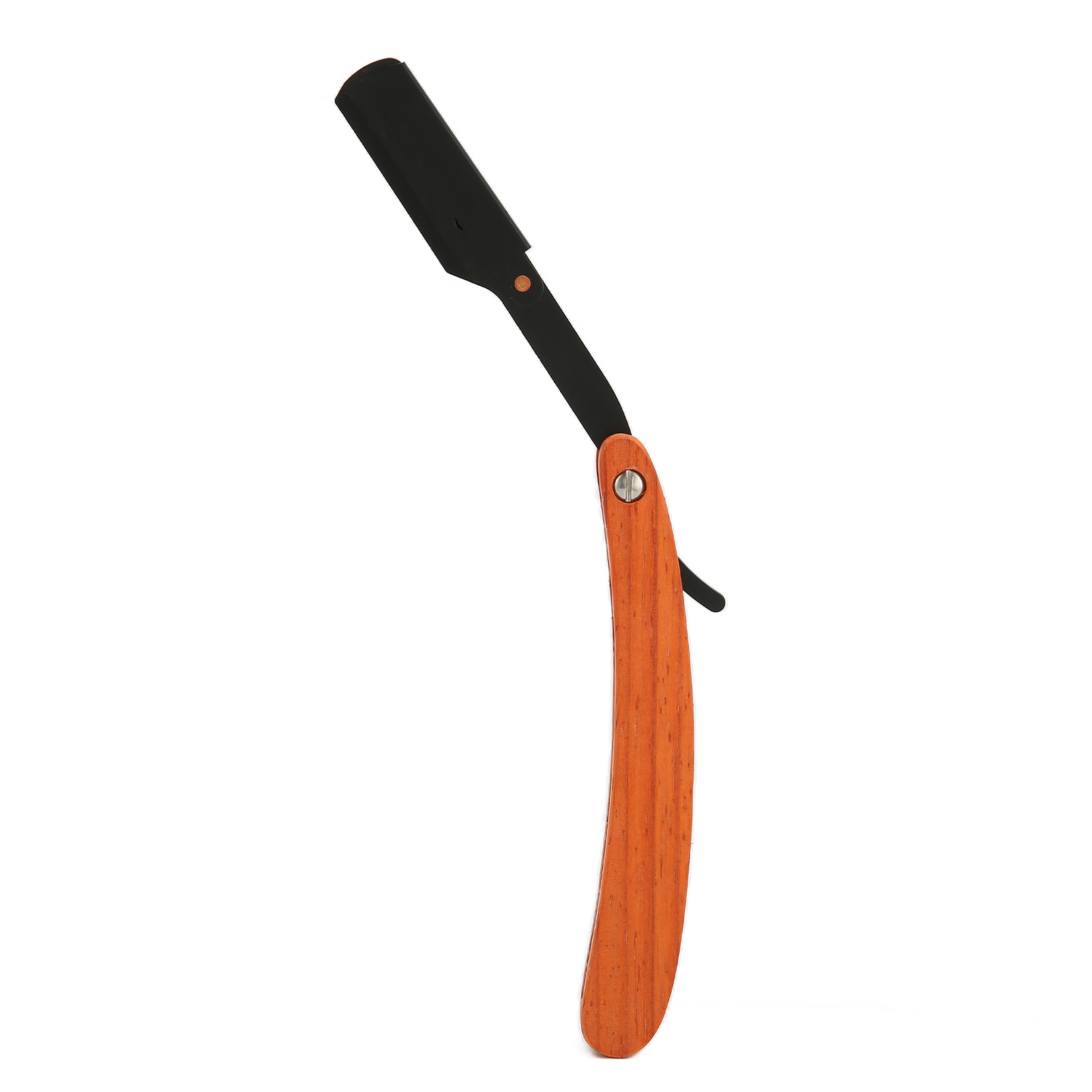 Ein Rasiermesser mit schwarzer Klinge und Holzgriff vor weißem Hintergrund.