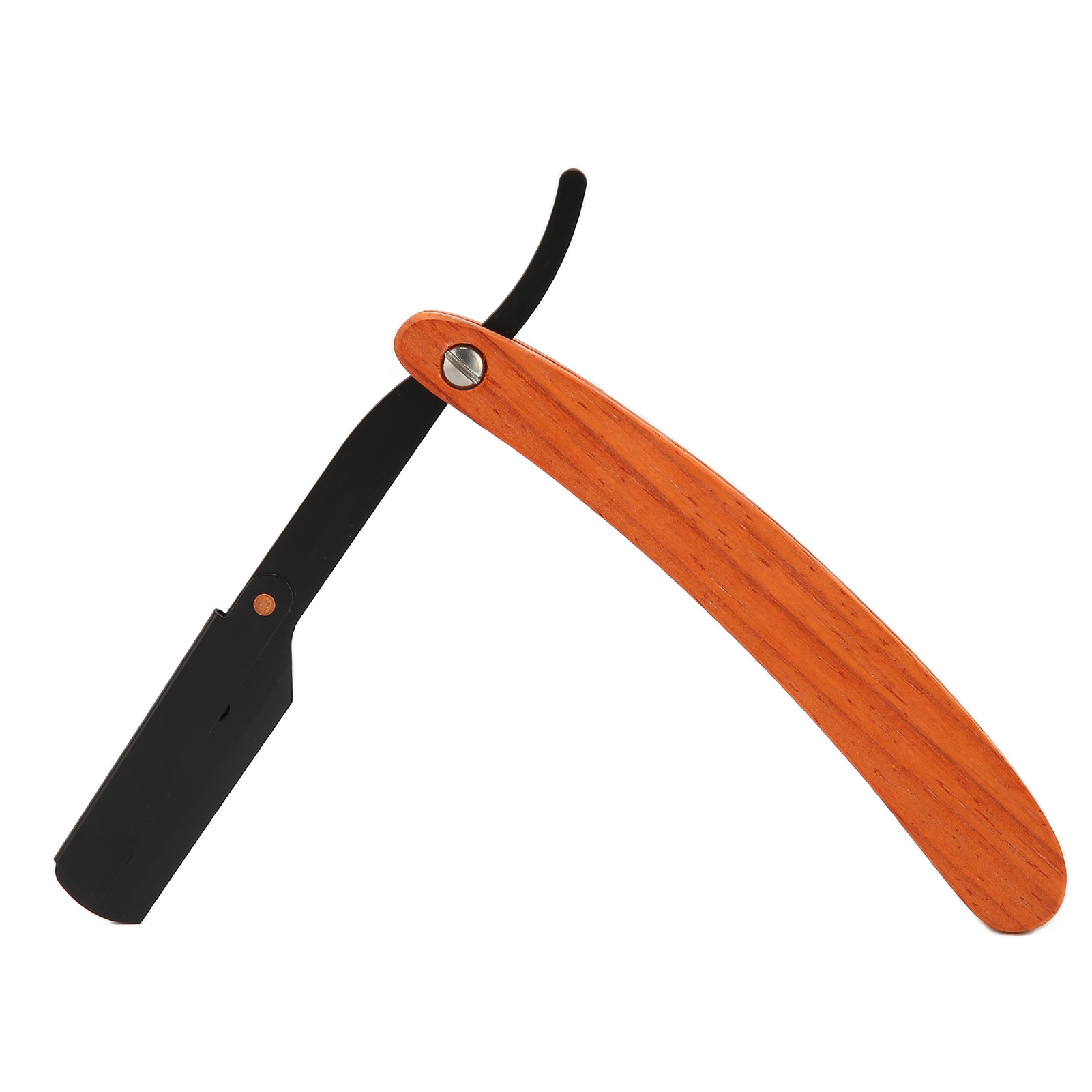 Ein offenes Rasiermesser mit schwarzer Klinge und Holzetui auf weißem Hintergrund.