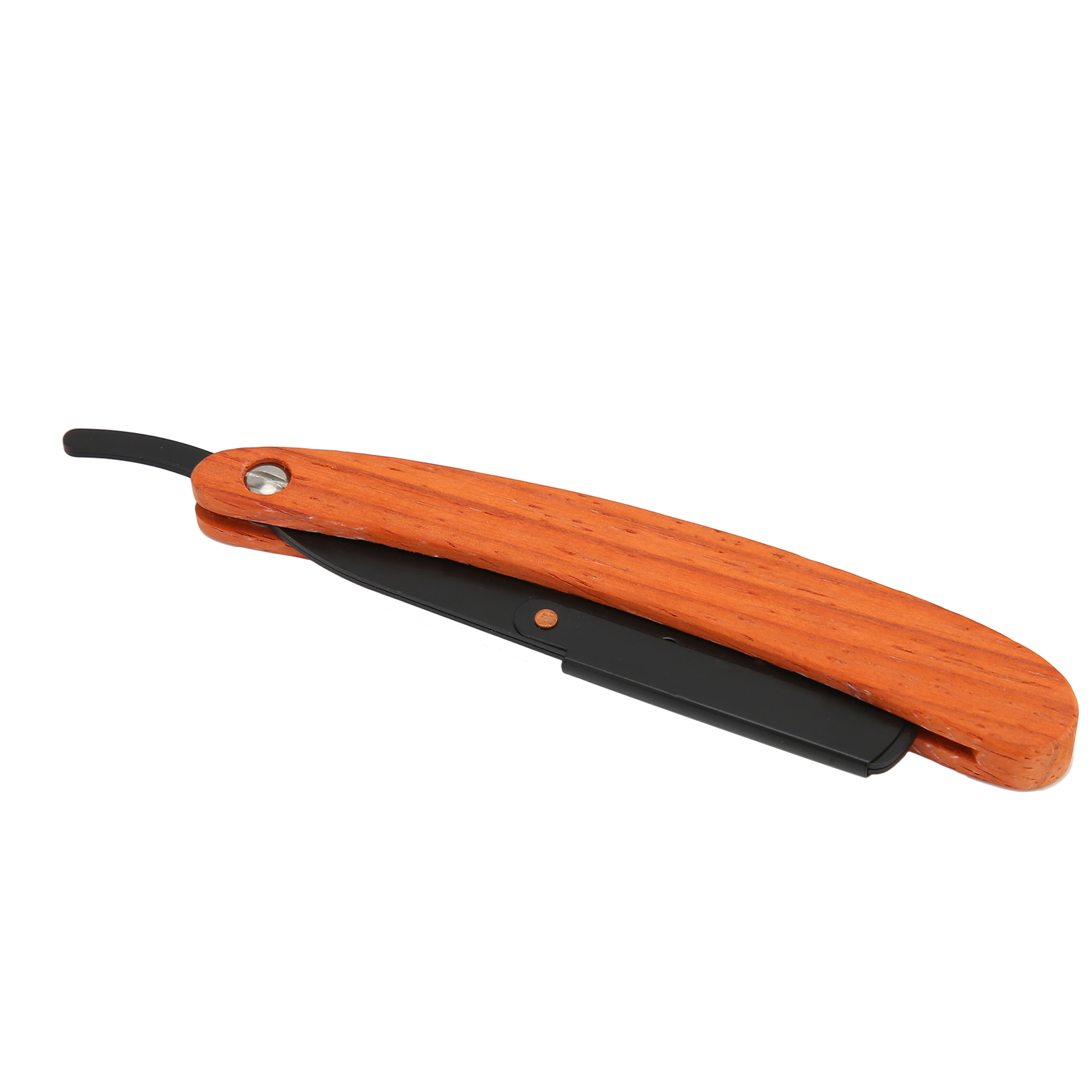 Ein Klappmesser mit Holzgriff und schwarzer Klinge auf weißem Hintergrund.