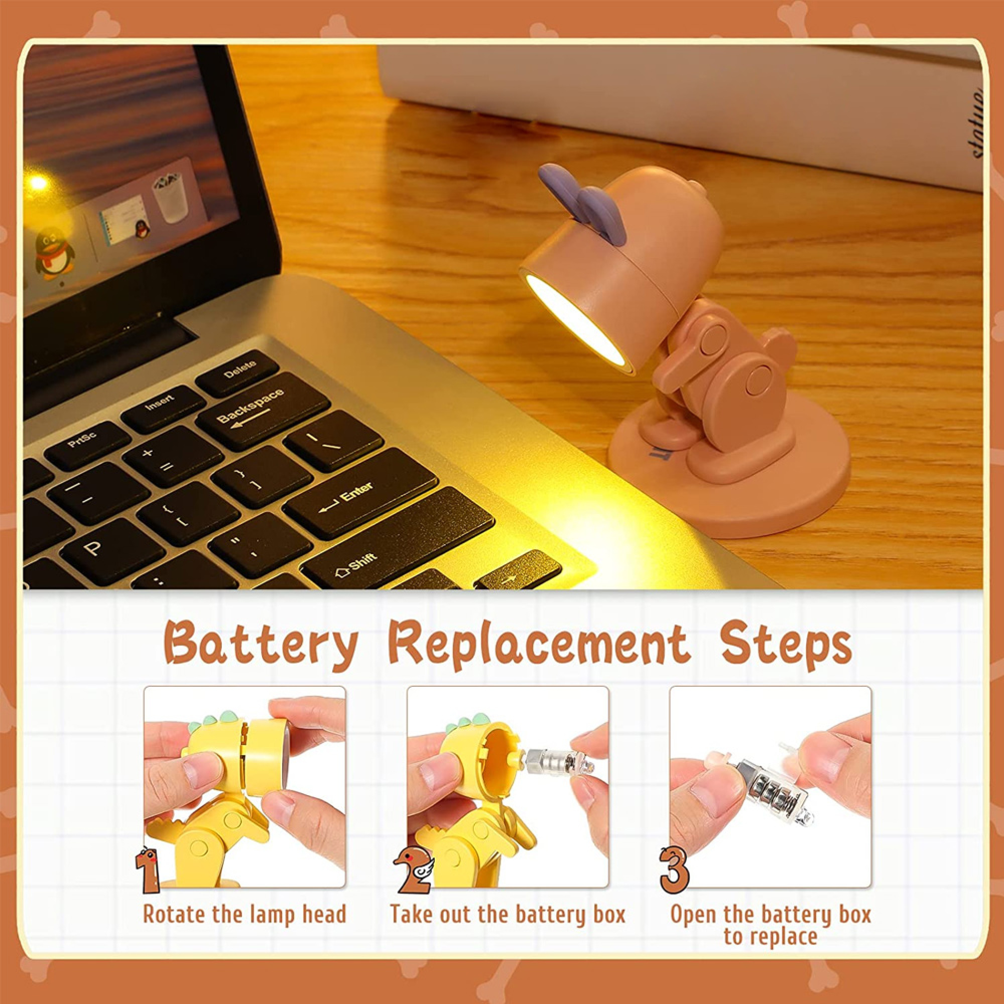 Eine kleine rosa Schreibtischlampe steht auf einem Holztisch neben einem Laptop; unten drei Schritte zum Batteriewechsel.