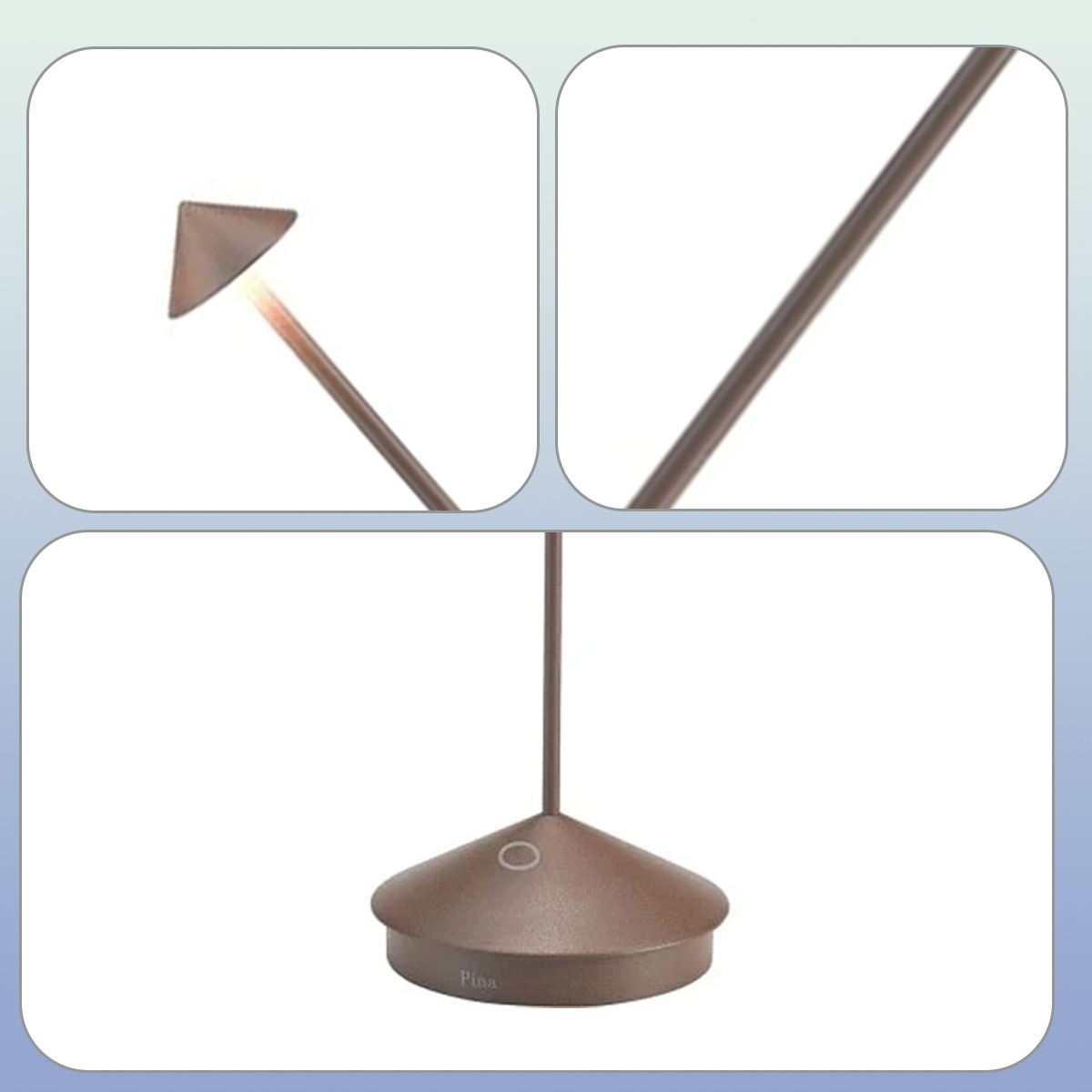Drei Nahaufnahmen einer braunen Tischlampe mit kegelförmigem Schirm, schlankem Stab und kegelförmigem Sockel mit Touch-Schalter.