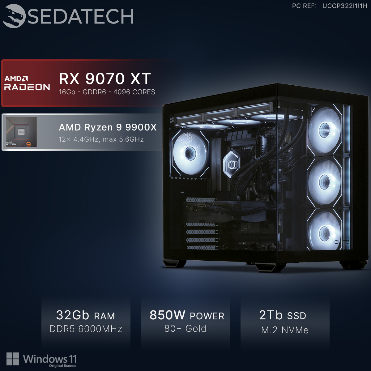 PC Sedatech con AMD Ryzen 9 9900X, RX 9070 XT, 32GB RAM, fuente de 850W, SSD de 2TB y ventiladores con luz blanca.
