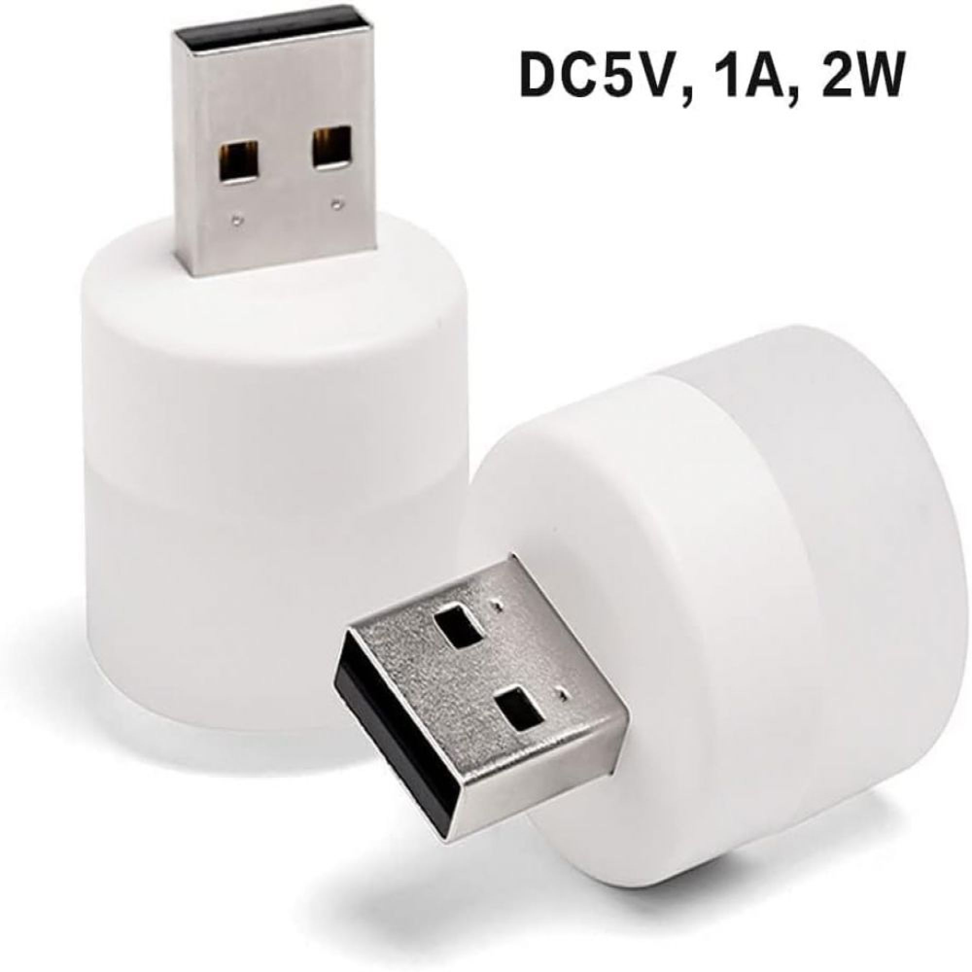 Zwei kleine runde weiße USB-LED-Lampen mit Steckern, oben steht DC5V, 1A, 2W.