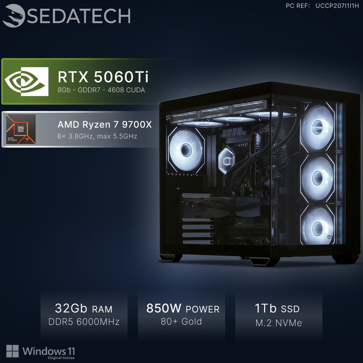 Sedatech PC mit RTX 5060Ti, AMD Ryzen 7 9700X, 32GB RAM, 850W Netzteil, 1TB SSD und Windows 11 in einem schwarzen Gehäuse.
