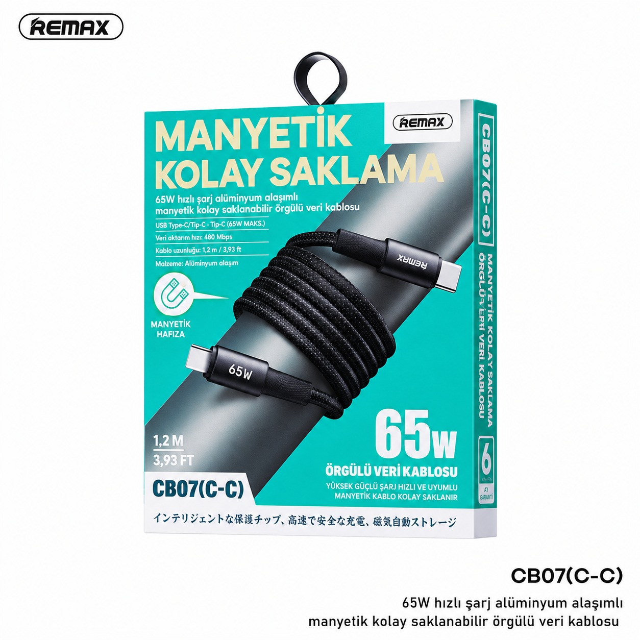 Manyetik saklama özellikli ve mavi ön yüzlü Remax 65W USB-C şarj kablosunun ürün ambalajı.