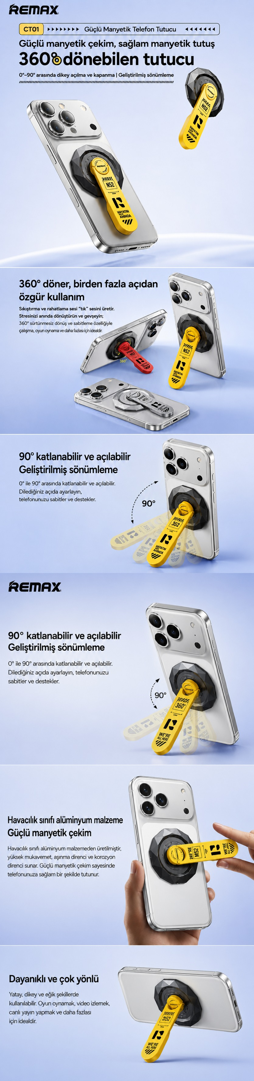 Bir akıllı telefonun arkasına takılan sarı manyetik telefon tutucu, 360 derece dönme gibi özellikleri sergiliyor.