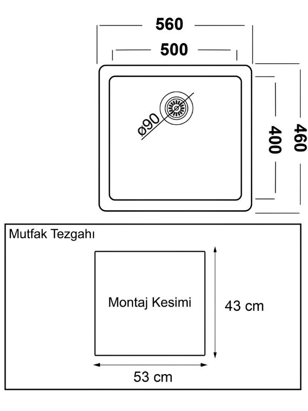 Ölçüleri ve montaj kesim şablonu olan bir eviyenin teknik çizimi.