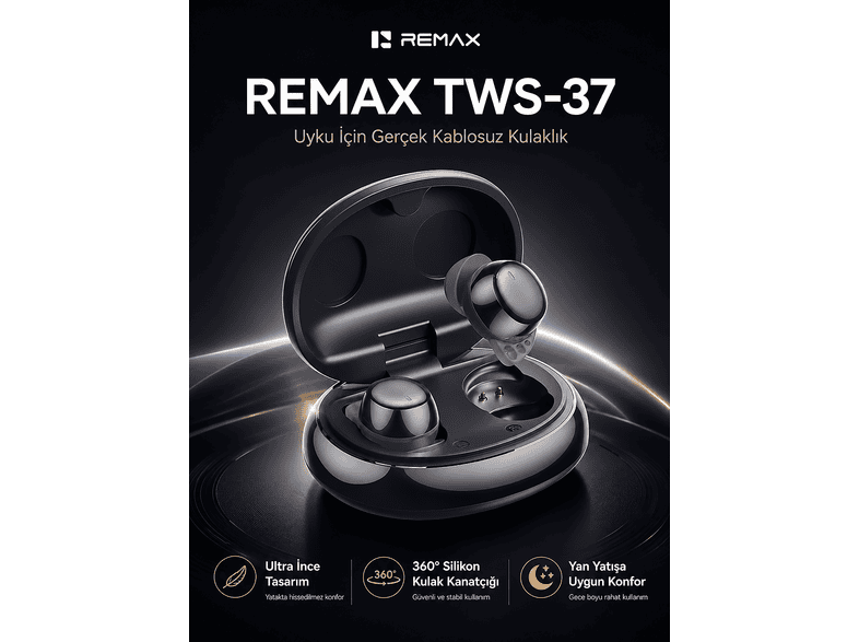 REMAX Sleep Mini Bluetooth 6.0 Uyum - Görünmez & Yan Yatışa Uygun TWS-37 Kablosuz Kulak İçi Kulaklık Siyah