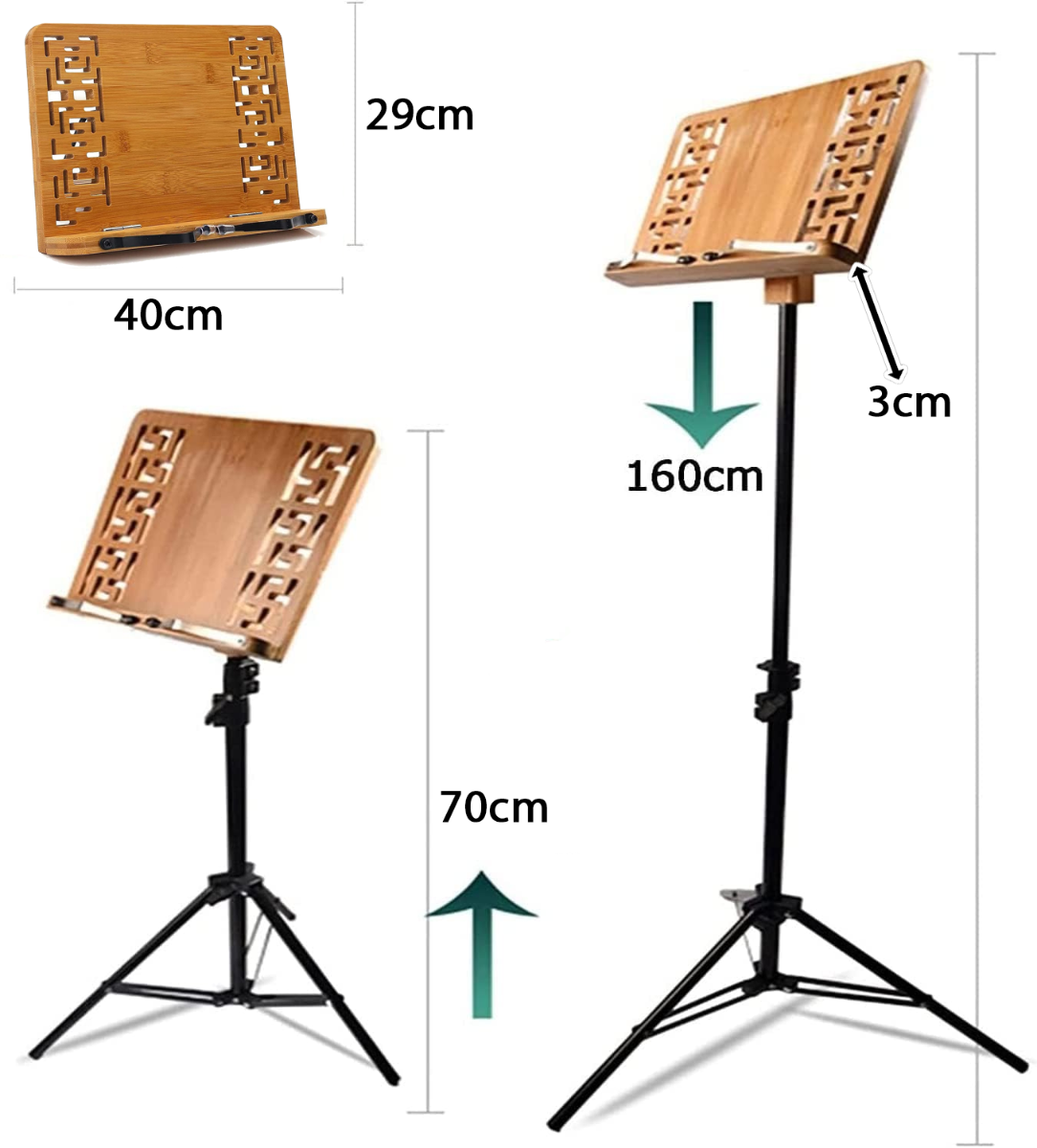 Verstellbarer Buchständer aus Holz mit Maßangaben, 40cm breit, 29cm hoch, höhenverstellbar von 70cm bis 160cm.