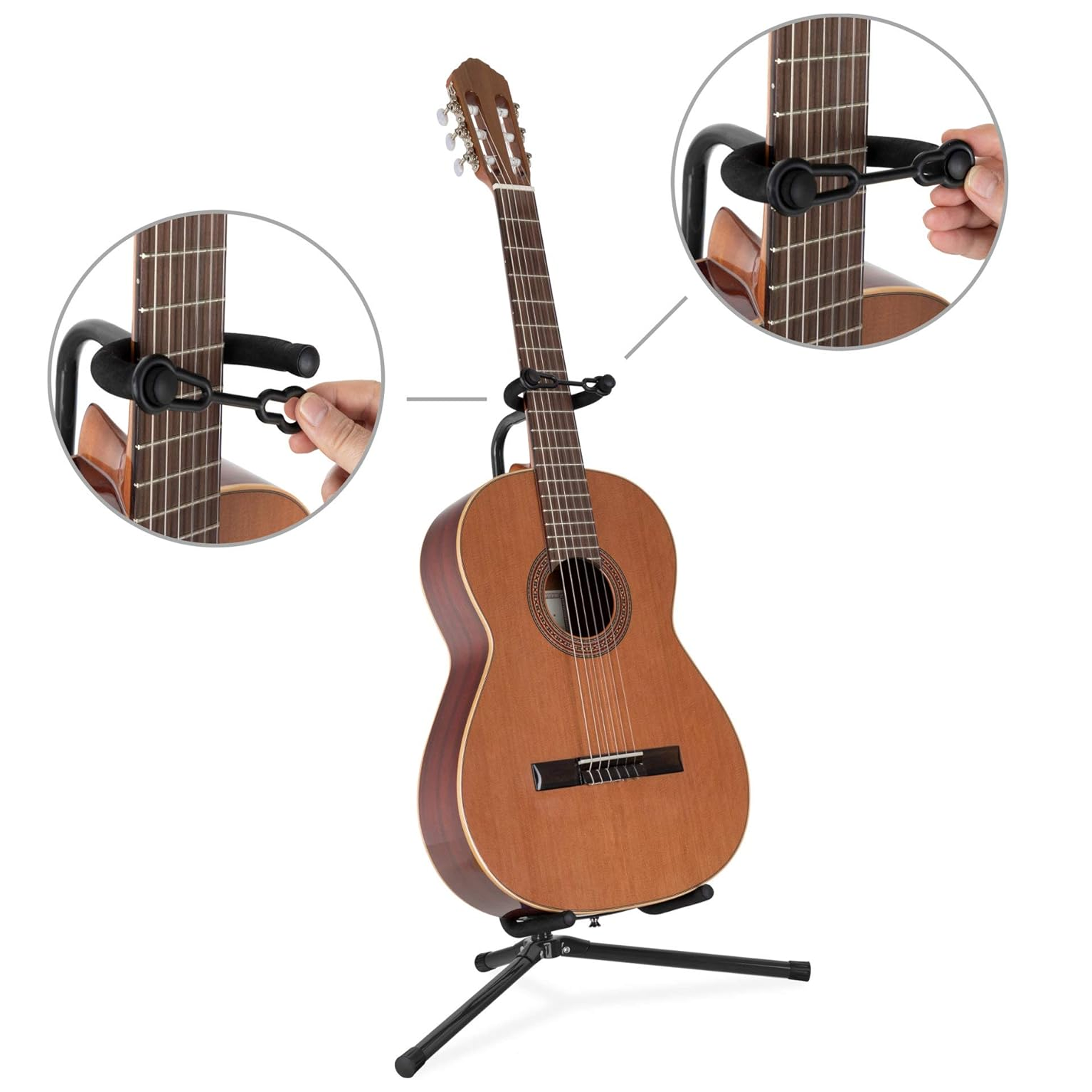 Akustikgitarre auf einem Ständer, wobei zwei kreisförmige Ausschnitte das Verriegeln und Entriegeln des Halses zeigen.