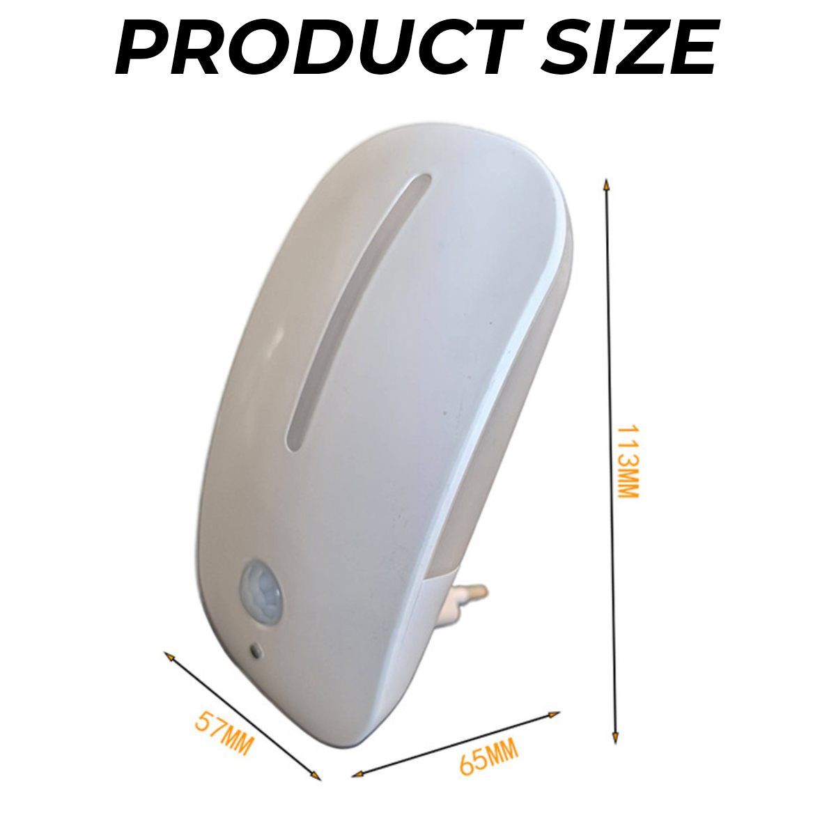 Produktgröße Diagramm zeigt ein weißes Nachtlicht mit Maßen von 113mm Höhe, 57mm Tiefe und 65mm Breite.