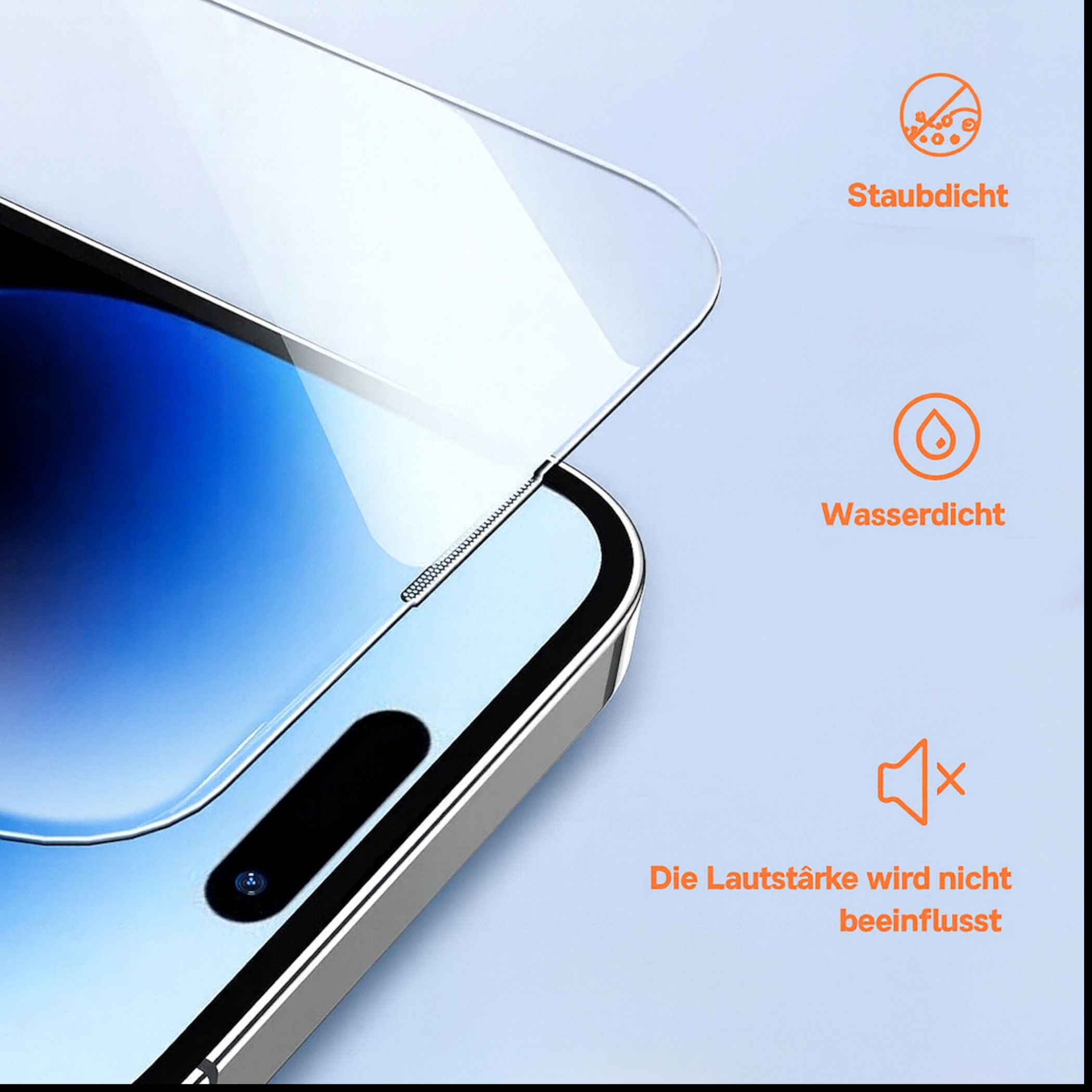 Displayschutzglas wird auf ein Smartphone gelegt, mit Symbolen für Staubdicht, Wasserdicht und unbeeinflussten Ton.
