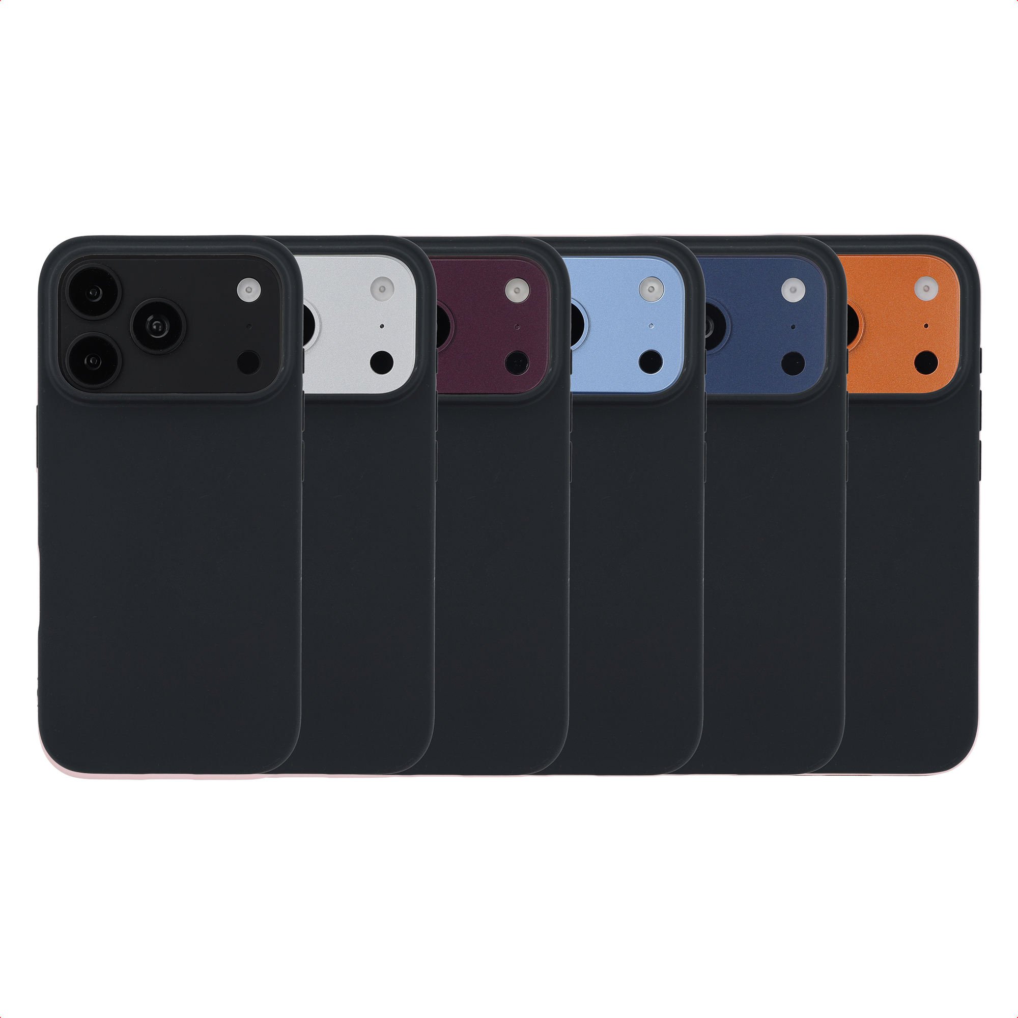 Sei cover per smartphone nere allineate, ognuna con un modulo fotocamera superiore colorato.