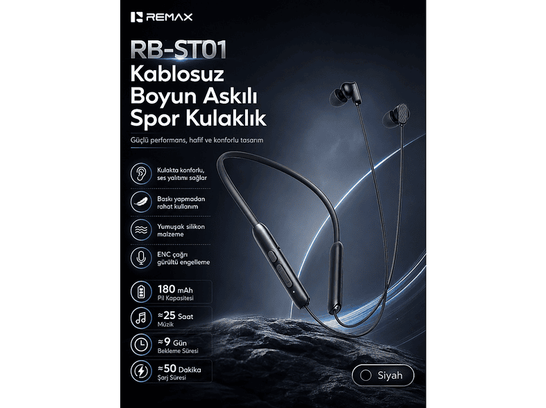 REMAX RB-ST01 Manyetik Boyun Bantlı Bluetooth 6.0 Spor - 25 Saat Müzik Süresi RB-ST01 Kablosuz Kulak İçi Kulaklık Siyah