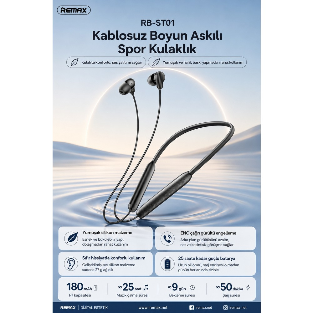 Remax RB-ST01 Kablosuz Boyun Askılı Spor Kulaklık için ENC ve uzun pil ömrü özellikli tanıtım afişi.