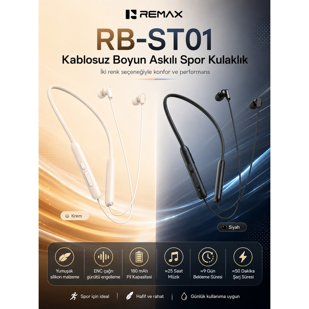 Krem ve siyah renklerde Remax RB-ST01 kablosuz boyun askılı spor kulaklık reklamı ve özellikleri.