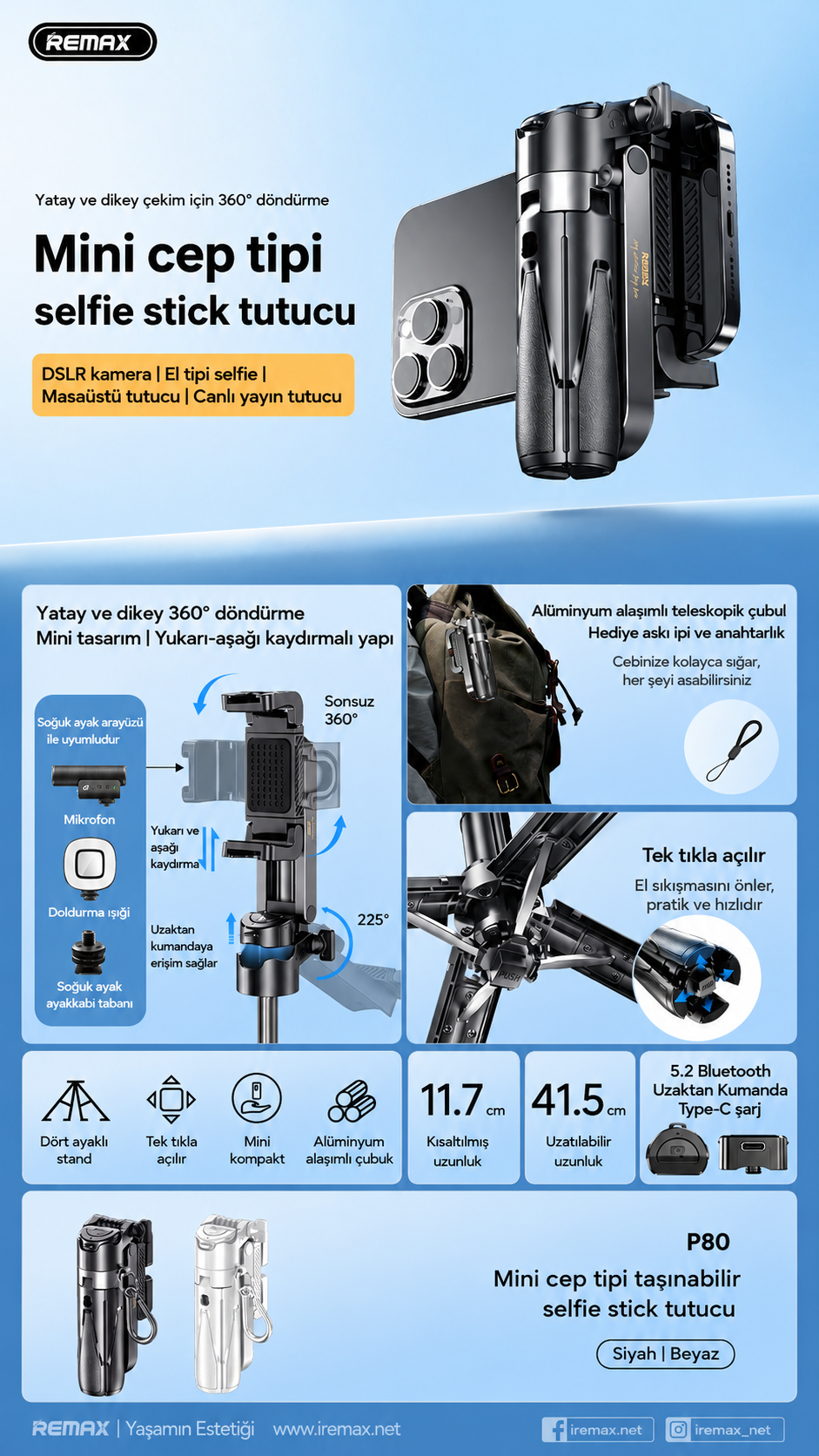 Siyah ve beyaz renklerde Bluetooth uzaktan kumandalı taşınabilir mini cep tipi selfie stick ve tripod tanıtımı.