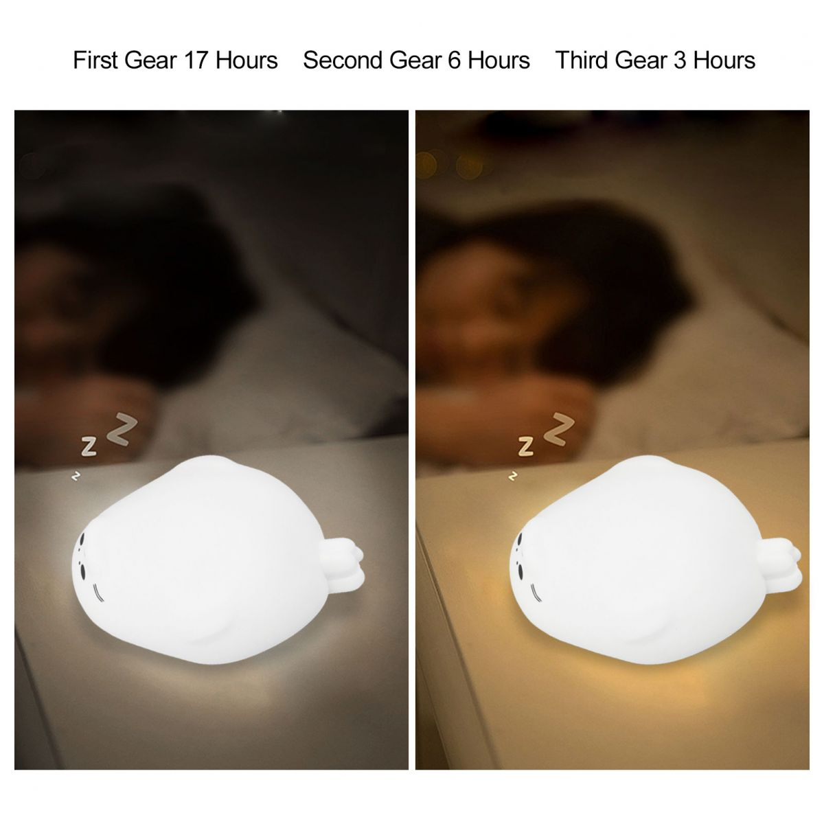 Eine weiße Roben-Nachtlampe auf einem Nachttisch mit einem schlafenden Kind im Hintergrund.