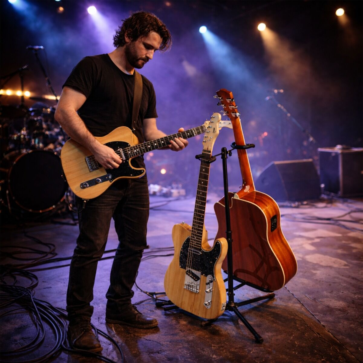 Ein Gitarrist spielt auf einer bühne, zwei weitere Gitarren stehen auf einem Ständer.