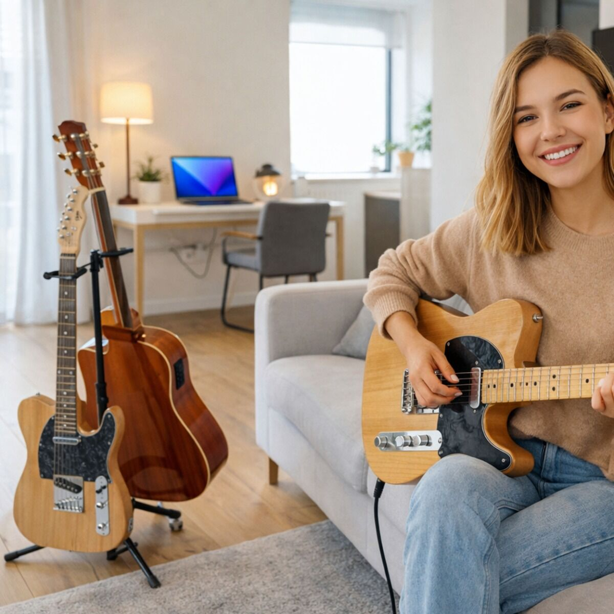 Eine lächelnde Frau sitzt auf einem Sofa und spielt E-Gitarre in einem hellen Zimmer mit weiteren Gitarren.