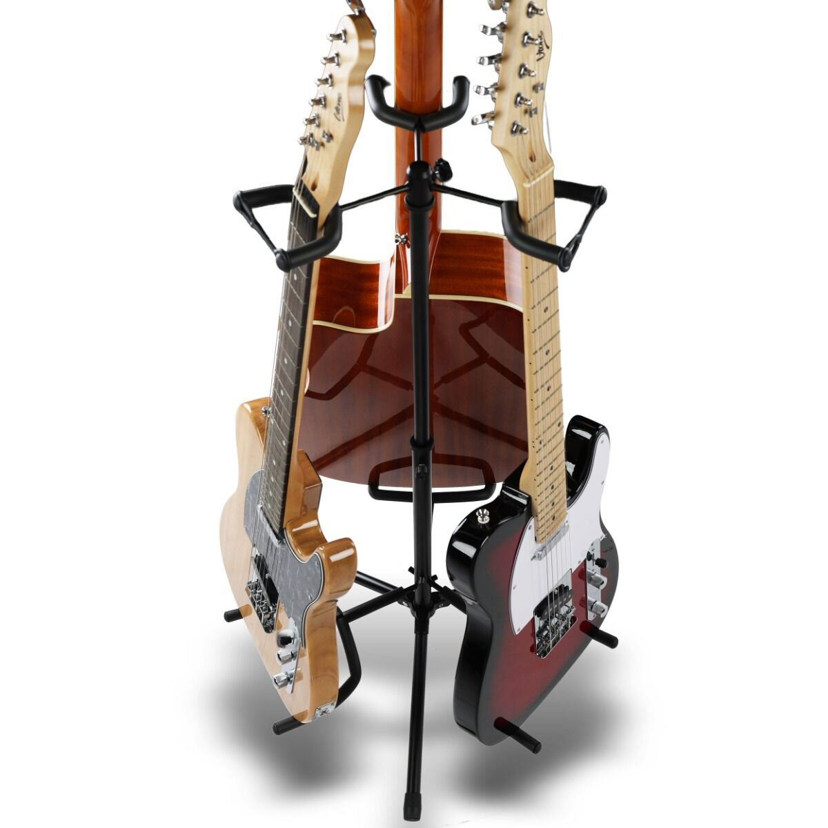 Drei Gitarren in verschiedenen Farben auf einem schwarzen Mehrfachständer vor weißem Hintergrund.