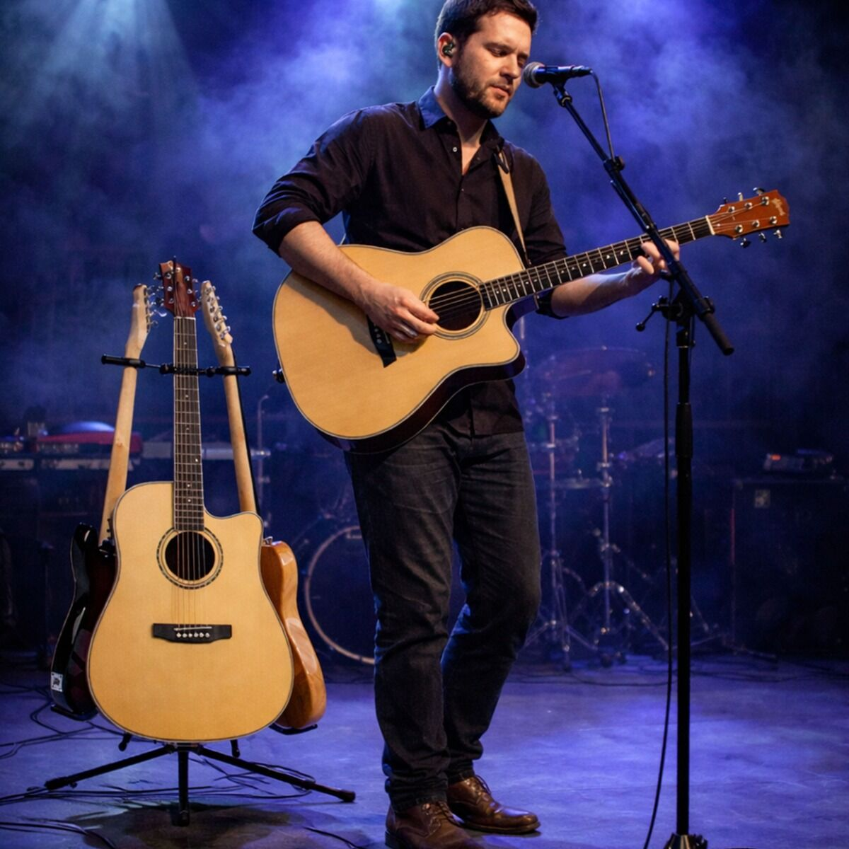 Ein Mann spielt Akustikgitarre auf einer Bühne mit blauem Licht und einem Ständer mit mehreren Gitarren.