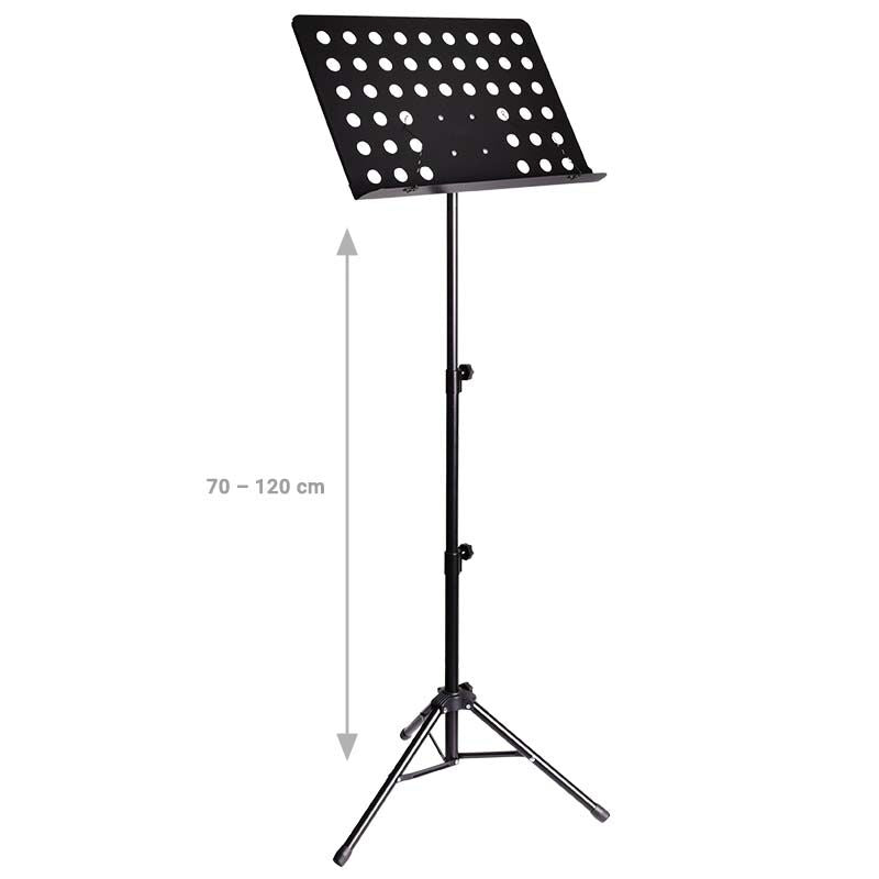 Schwarzer Notenständer mit verstellbarer Höhe von 70 bis 120 cm vor weißem Hintergrund.