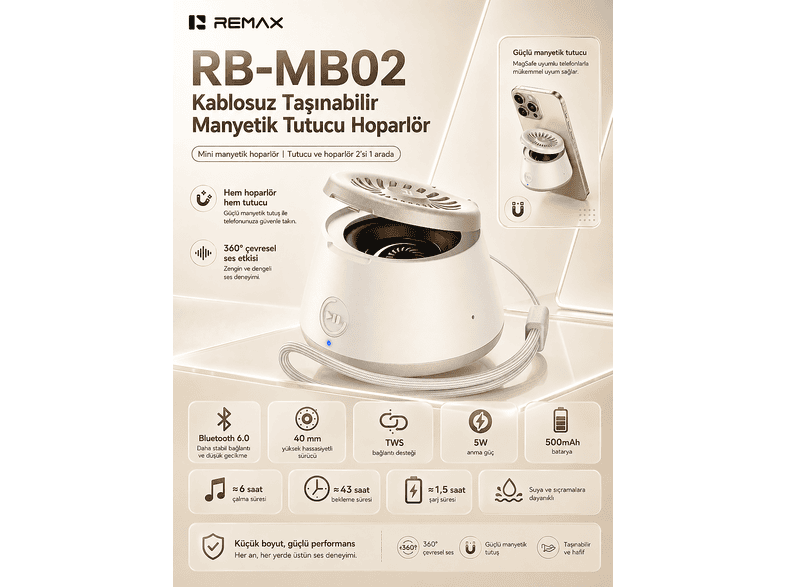 REMAX Magsafe Magnetik 2'si 1 AradaTelefon Tutucu Şarjlı Mini 5W RB-MB02 Bluetooth Hoparlör Altın