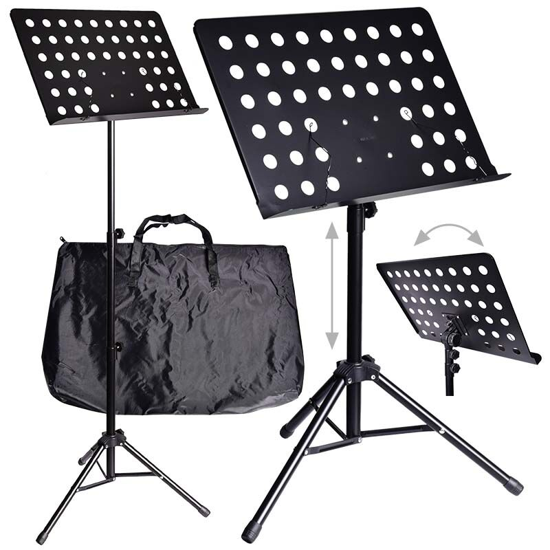 Schwarzer Notenständer mit Stativbasis, höhenverstellbar, inklusive Tragetasche und neigbarem Pult.