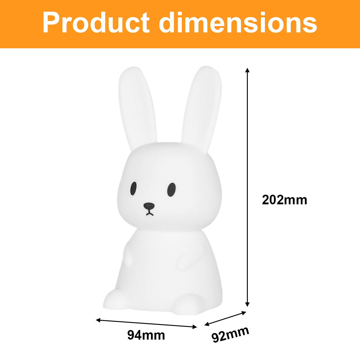 Diagramm zeigt die Abmessungen der weißen Kaninchen-Nachtlampe mit 202mm Höhe, 94mm Breite und 92mm Tiefe.