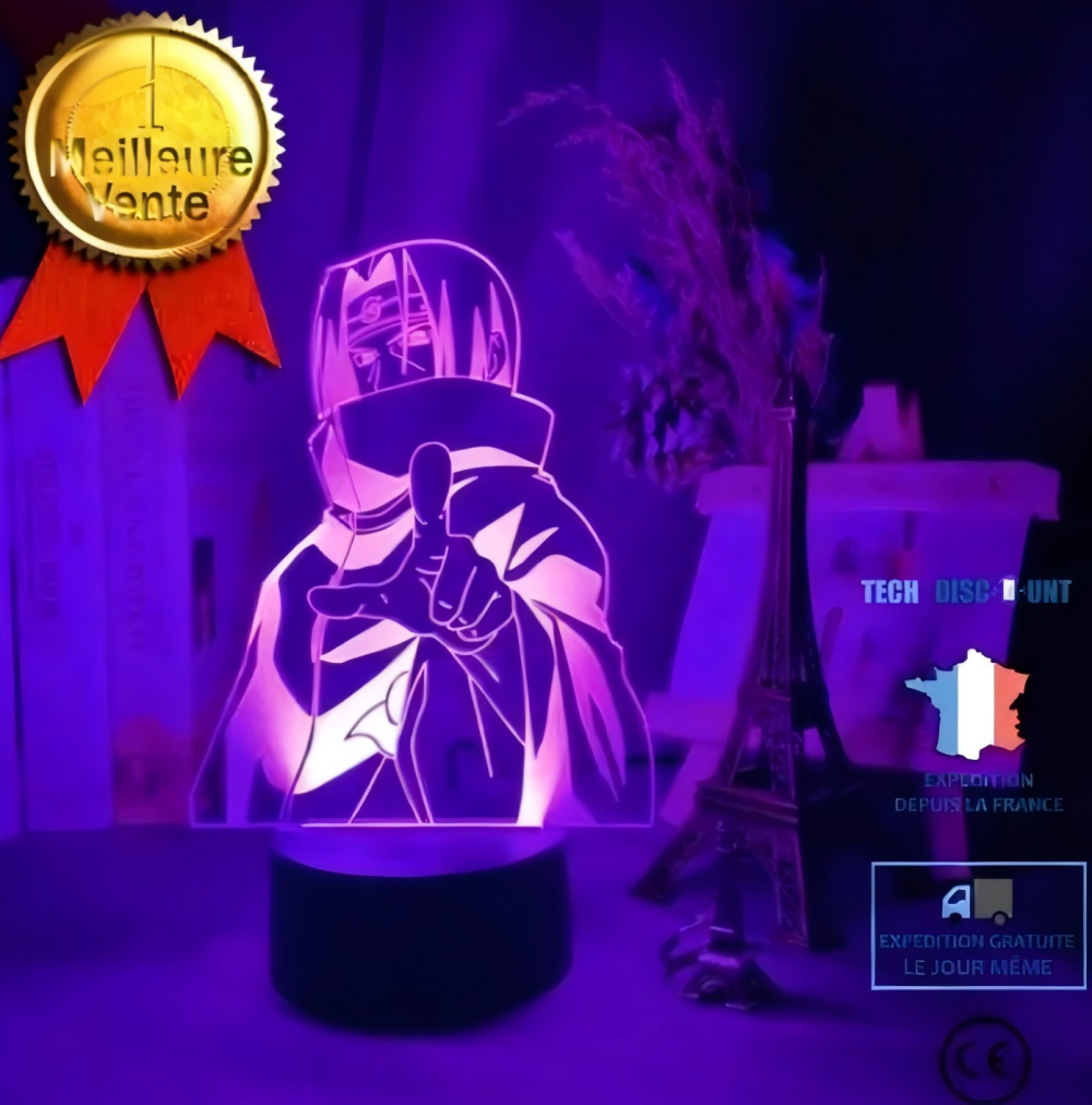 Lila beleuchtete 3D-Acryl-Nachtlampe mit einer Anime-Figur in der Mitte und Verkaufsabzeichen.