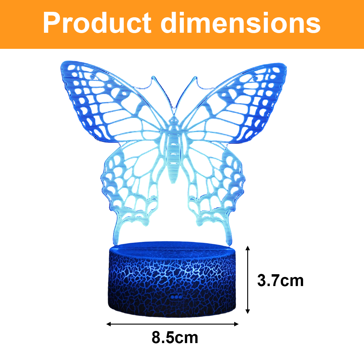 Blaue, leuchtende Schmetterlingslampe mit Maßen von 8.5cm Breite und 3.7cm Höhe.