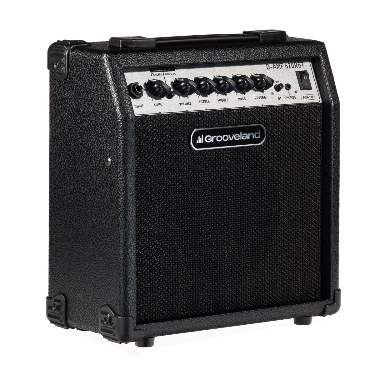 Ein schwarzer Grooveland G-AMP 620RBT Gitarrenverstärker mit Reglern, Schaltern und Lautsprechergitter.