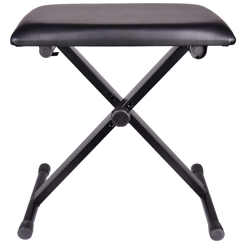 Ein schwarzer Klavierhocker mit gepolstertem Sitz und einem verstellbaren X-förmigen Metallgestell.