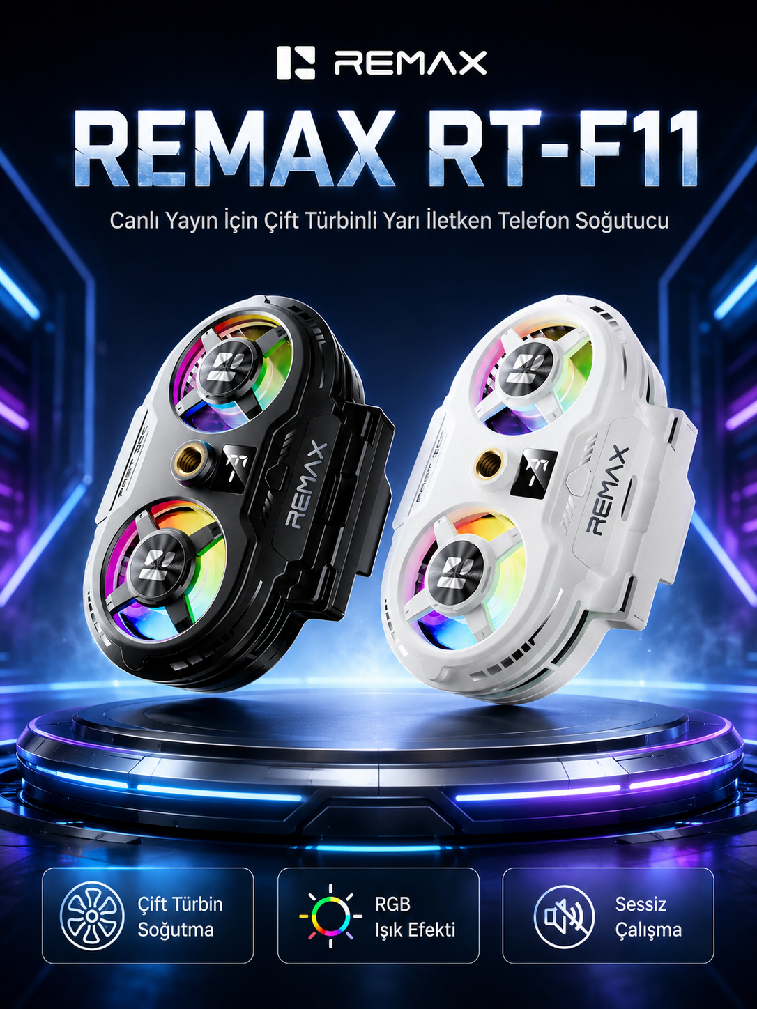 Mavi kaide üzerinde RGB ışıklı siyah ve beyaz Remax RT-F11 telefon soğutucuları.