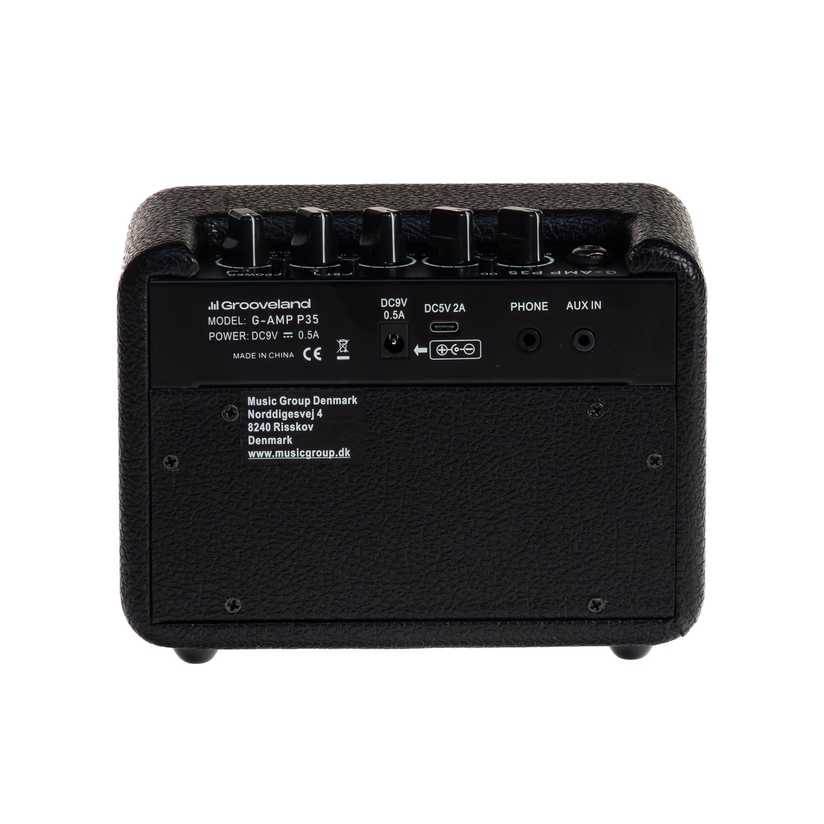 Rückseite eines schwarzen Grooveland G-AMP P35 Gitarrenverstärkers mit Reglern, DC-Netzanschluss, Telefon- und Aux-Anschlüssen.
