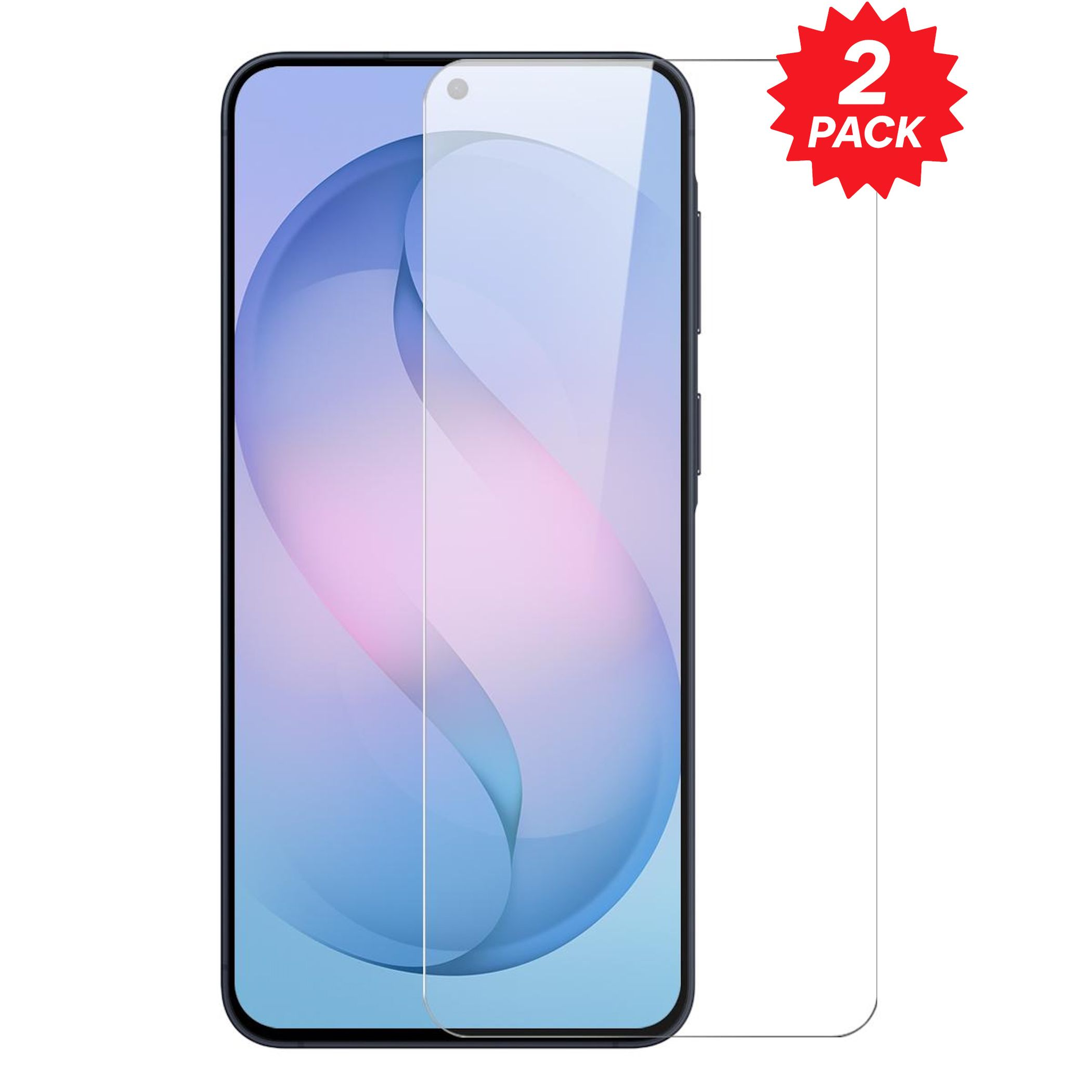 Ein Smartphone mit einer transparenten Schutzfolie auf dem Display und einem '2 Pack'-Sticker.