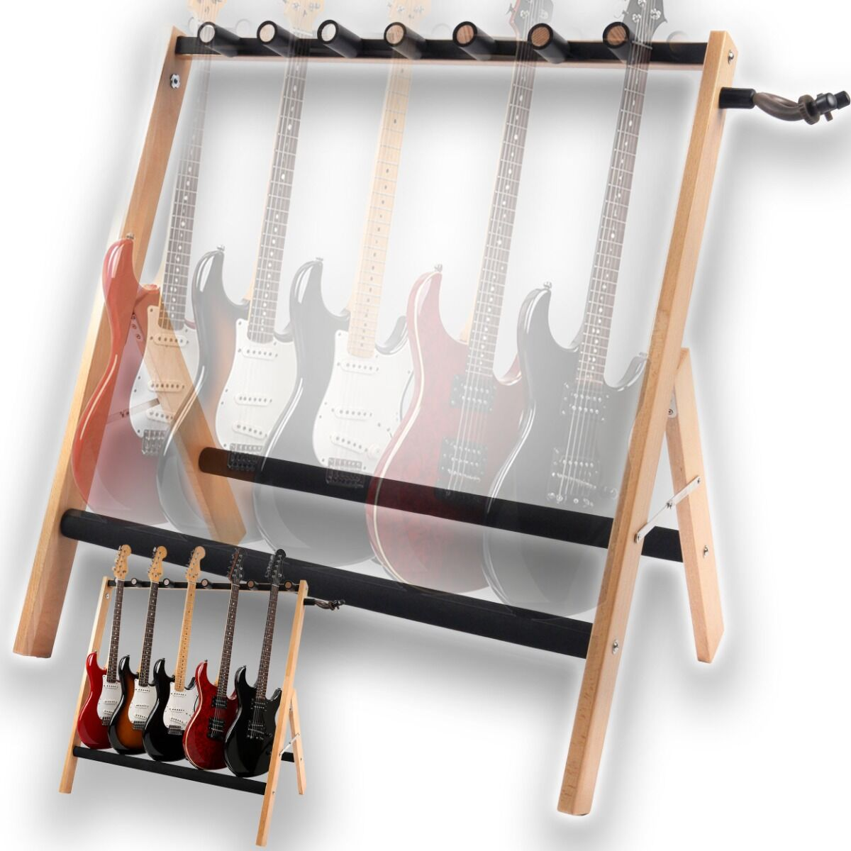 Ein hölzerner Gitarrenständer mit mehreren Gitarren, der in einer verkleinerten Version links unten wiederholt wird.