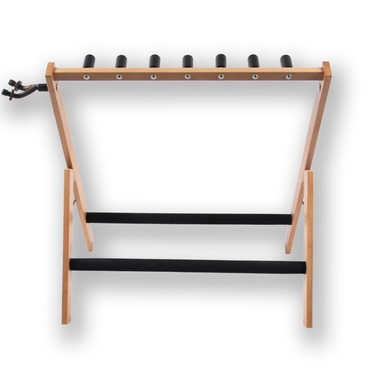 Hölzerner Gitarrenständer für bis zu sieben Gitarren vor einem weißen Hintergrund.