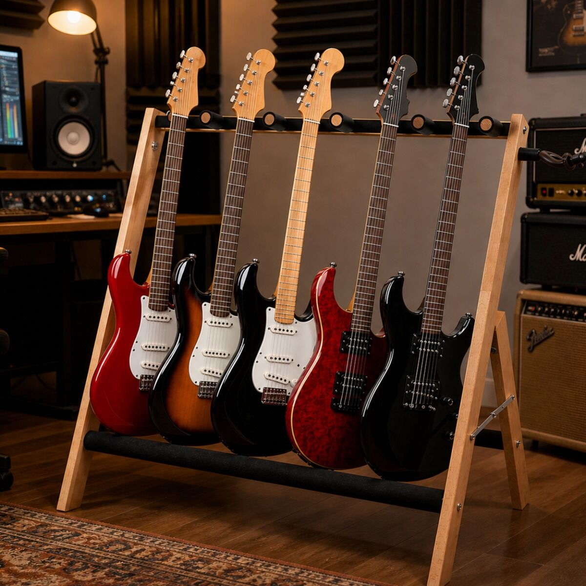 Fünf elektrische Gitarren stehen auf einem Holzständer in einem Musikstudio.