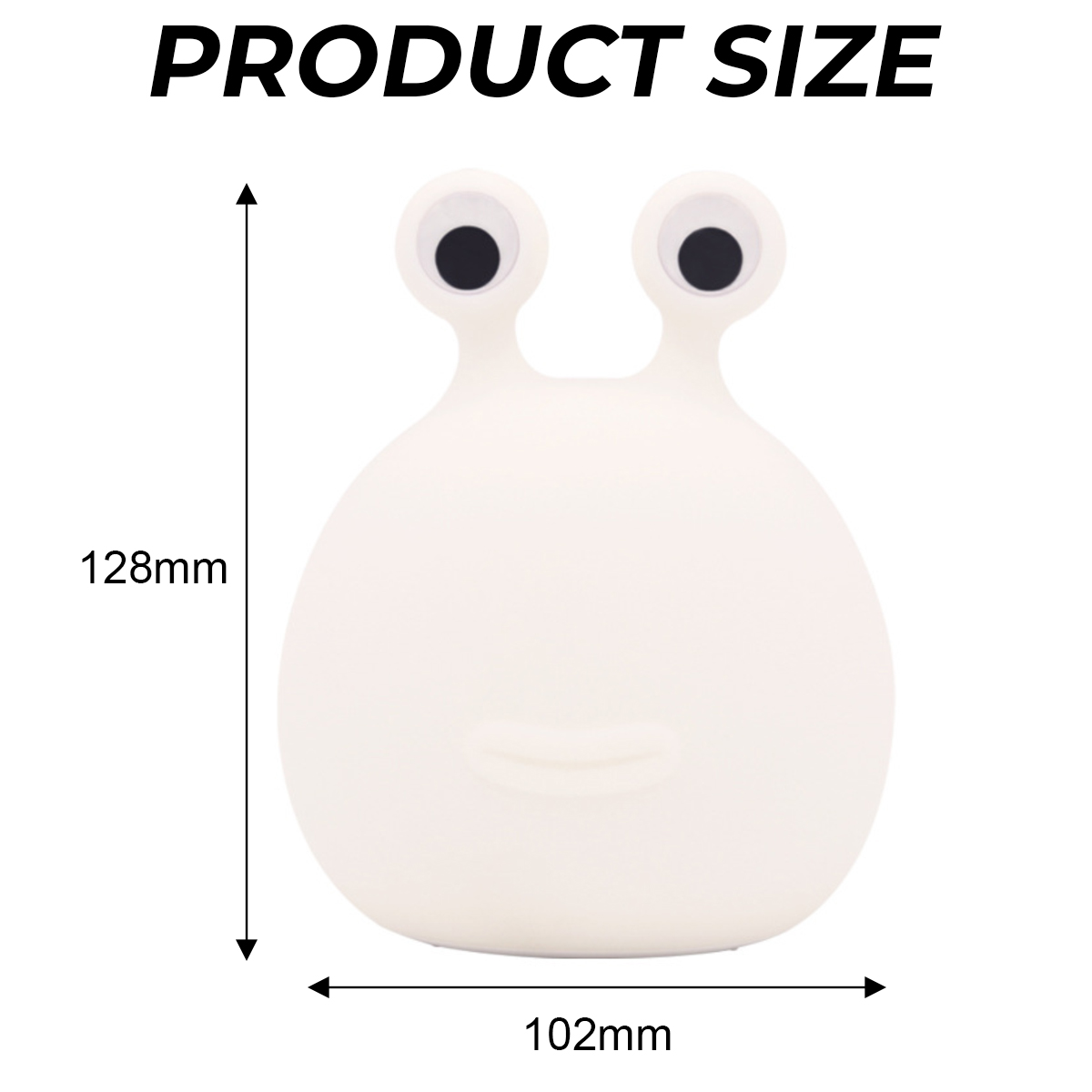 Diagramm zeigt die Produktgröße einer weißen Silikonlampe mit googly Augen, Höhe 128 mm und Breite 102 mm.