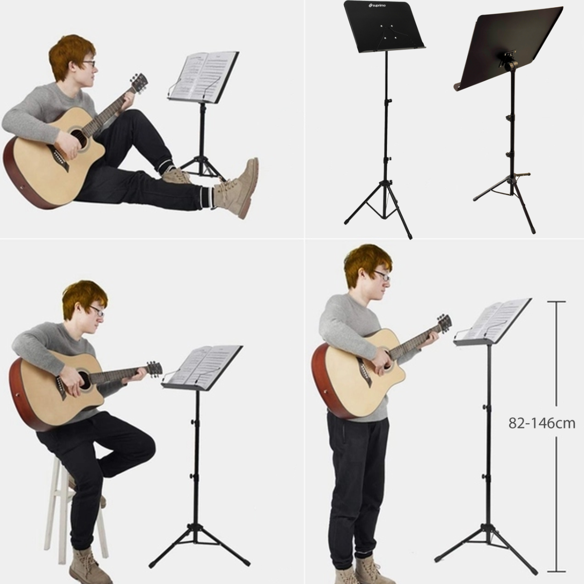 Musiker spielt Gitarre neben Notenständer in verschiedenen Positionen.