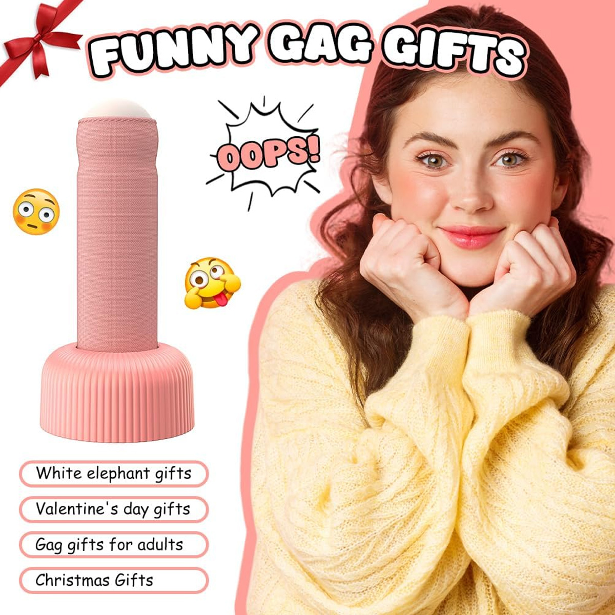 Eine Frau in einem gelben Pulwer lächelt neben einem rosa Gag-Geschenk und Emojis.