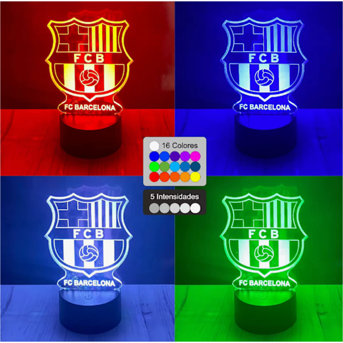 LED-Lampe des FC Barcelona Logos in vier Farben: Rot, Blau, Hellblau und Grün.