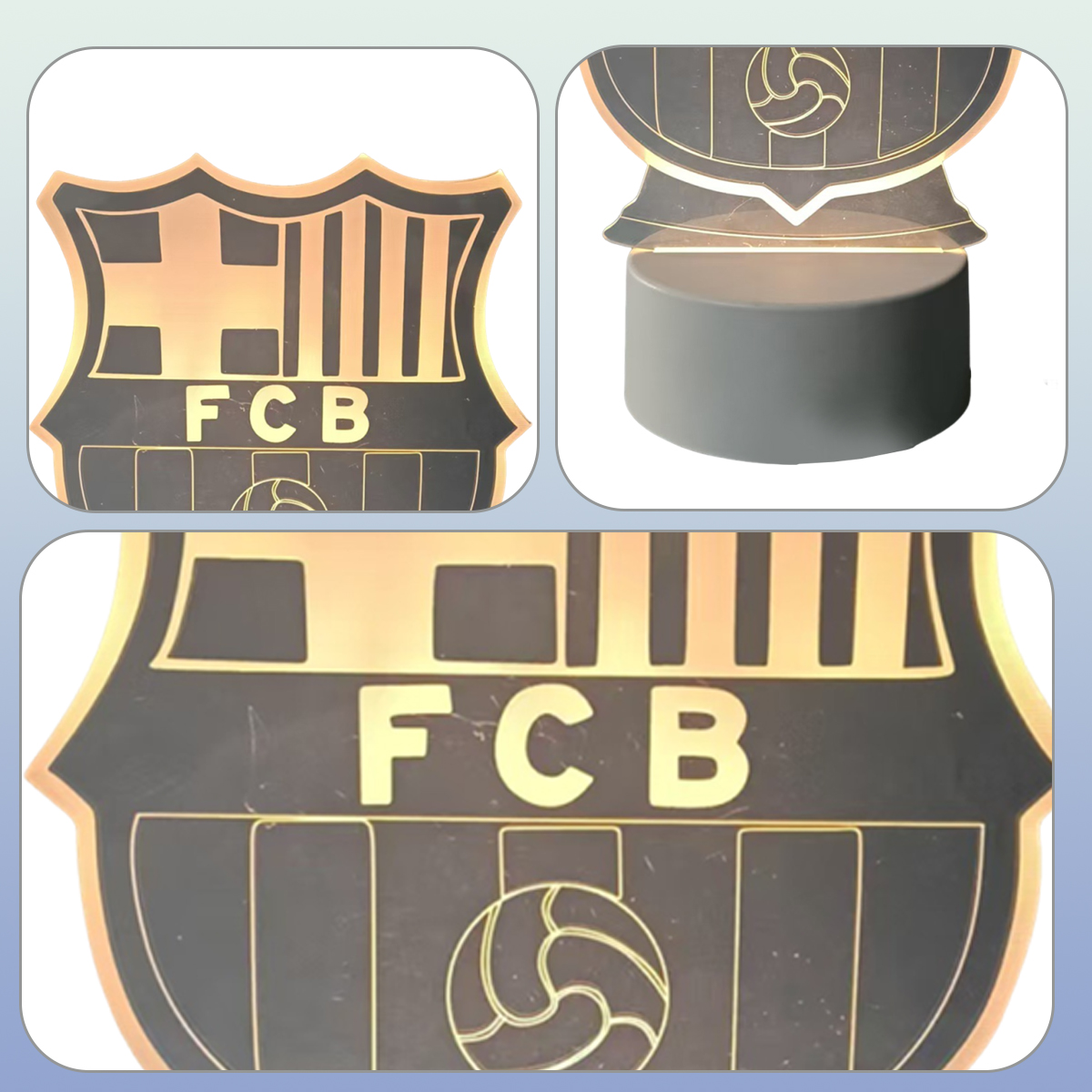 FC Barcelona Logo-LED-Lampe aus Acryl mit runder Basis in drei Ansichten.