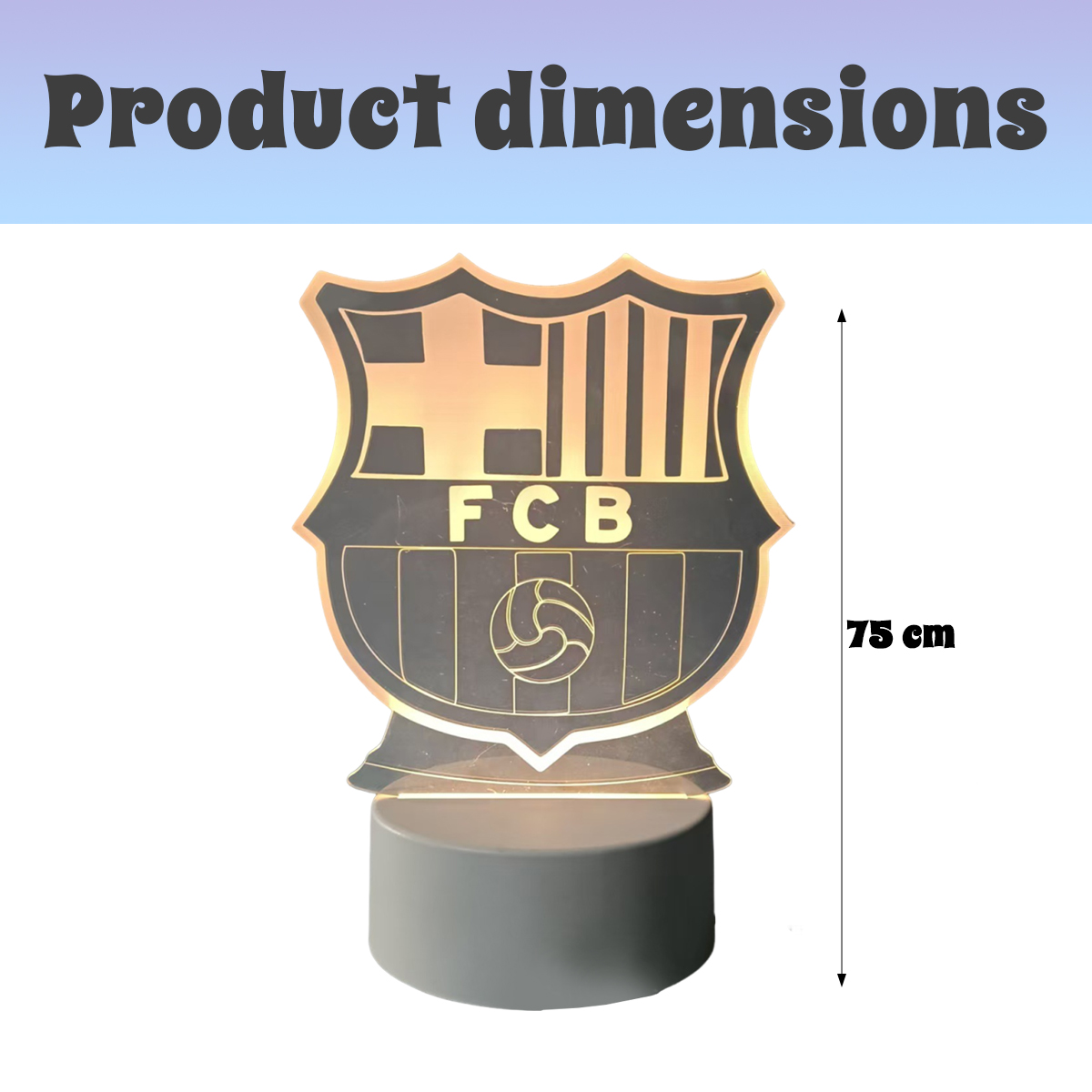 Beleuchtete FC Barcelona Acryllampe auf grauem Sockel, Höhe 75 cm.