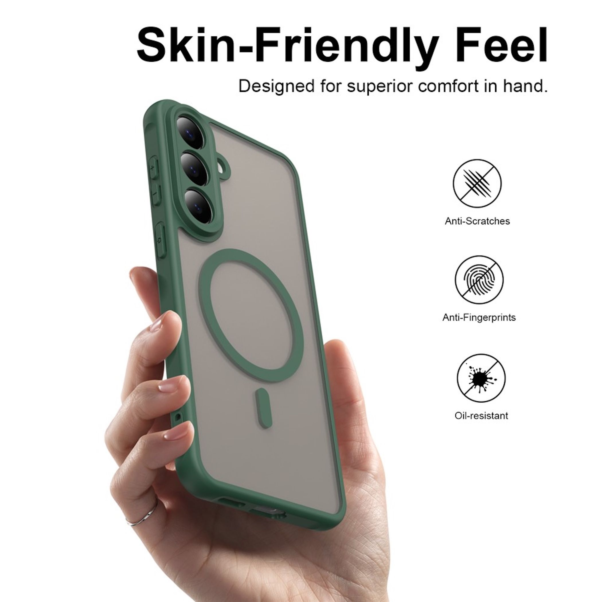 Hand hält grüne Smartphone-Hülle mit MagSafe-Ring, Anti-Kratz-, Anti-Fingerabdruck- und Öl-resistenten Icons.