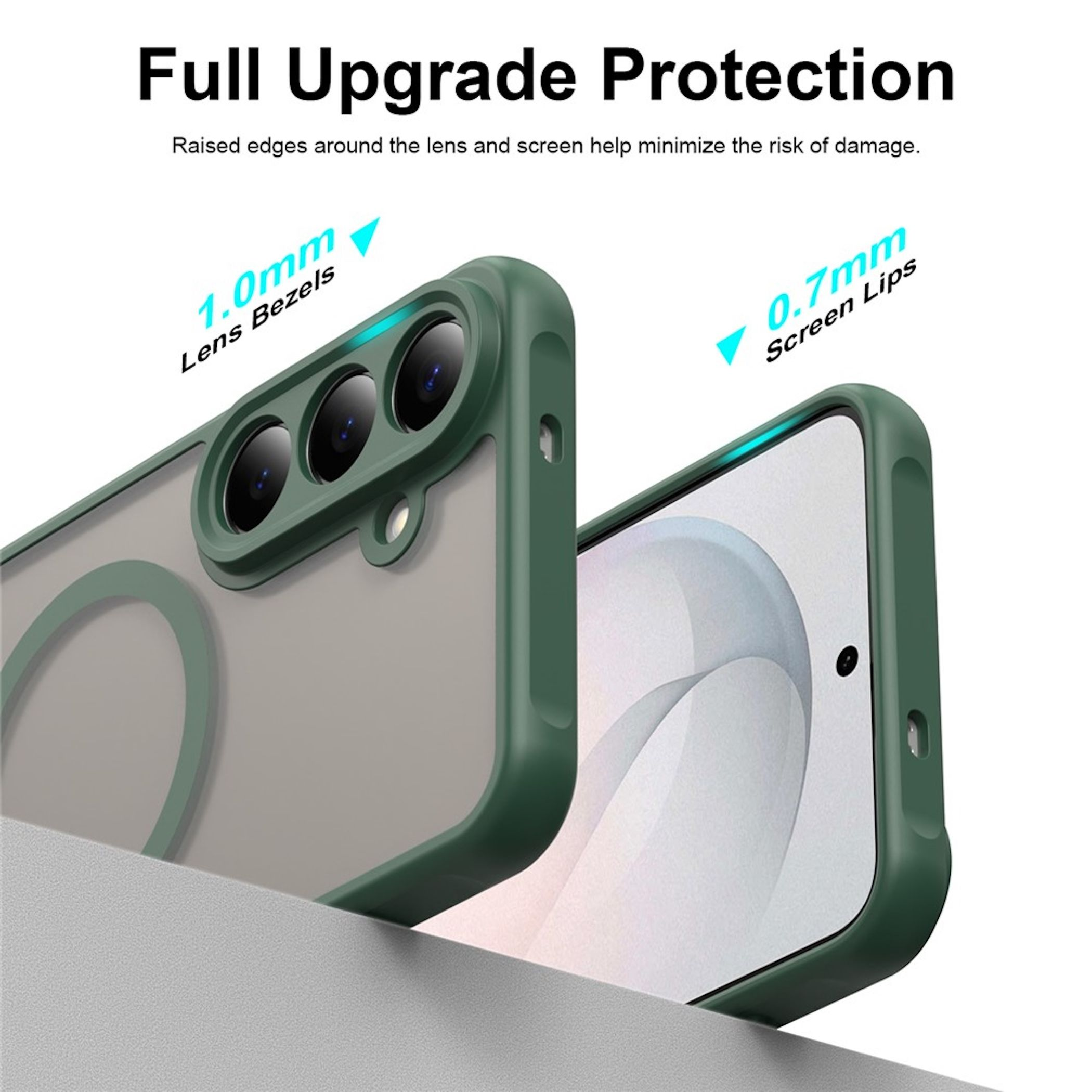 Grünes Smartphone-Cover mit erhöhten Kanten für Kamera und Bildschirm.