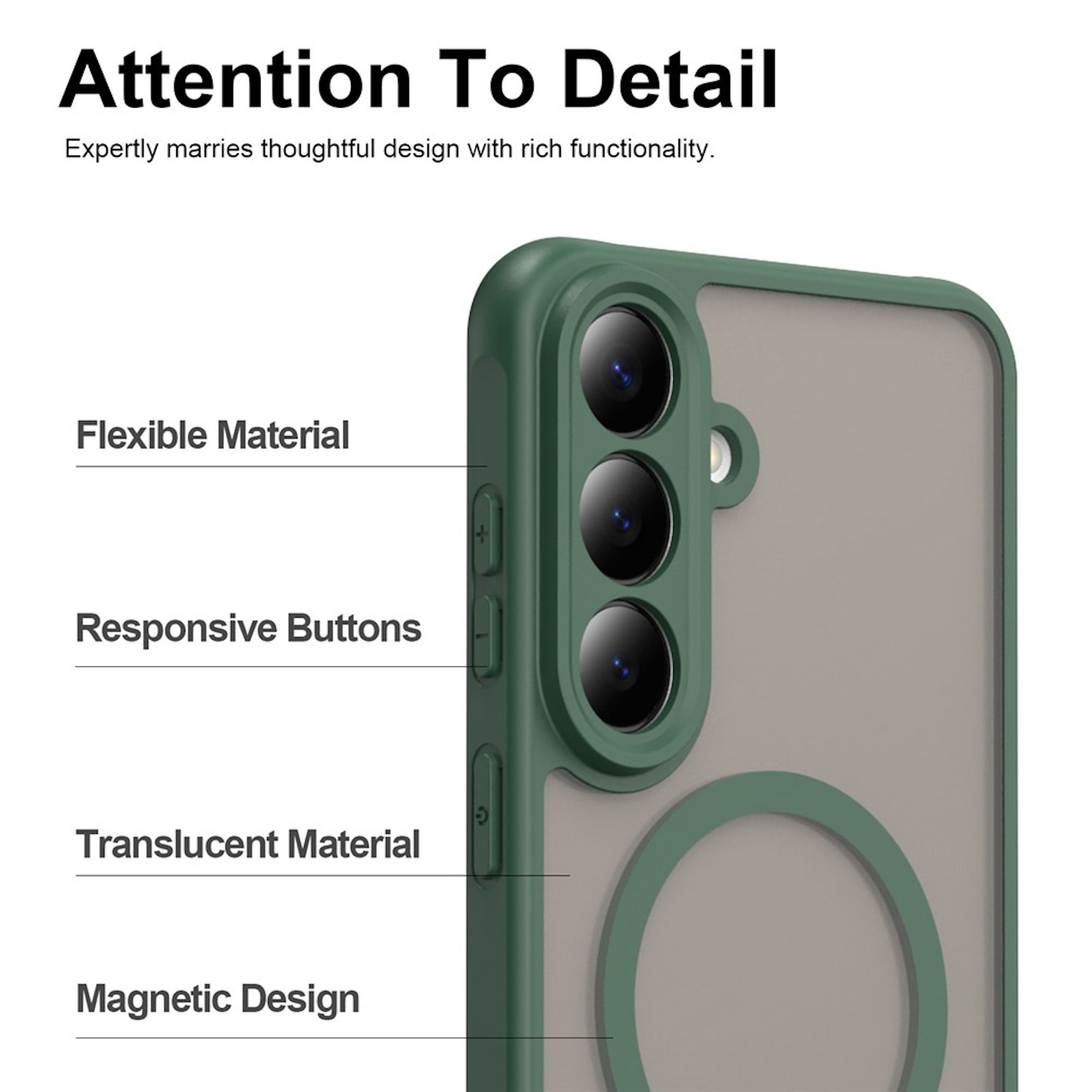 Grüne Handyhülle mit flexuellem Material, reaktiven Tasten, transluzentem Design und magnetischer Ringform.