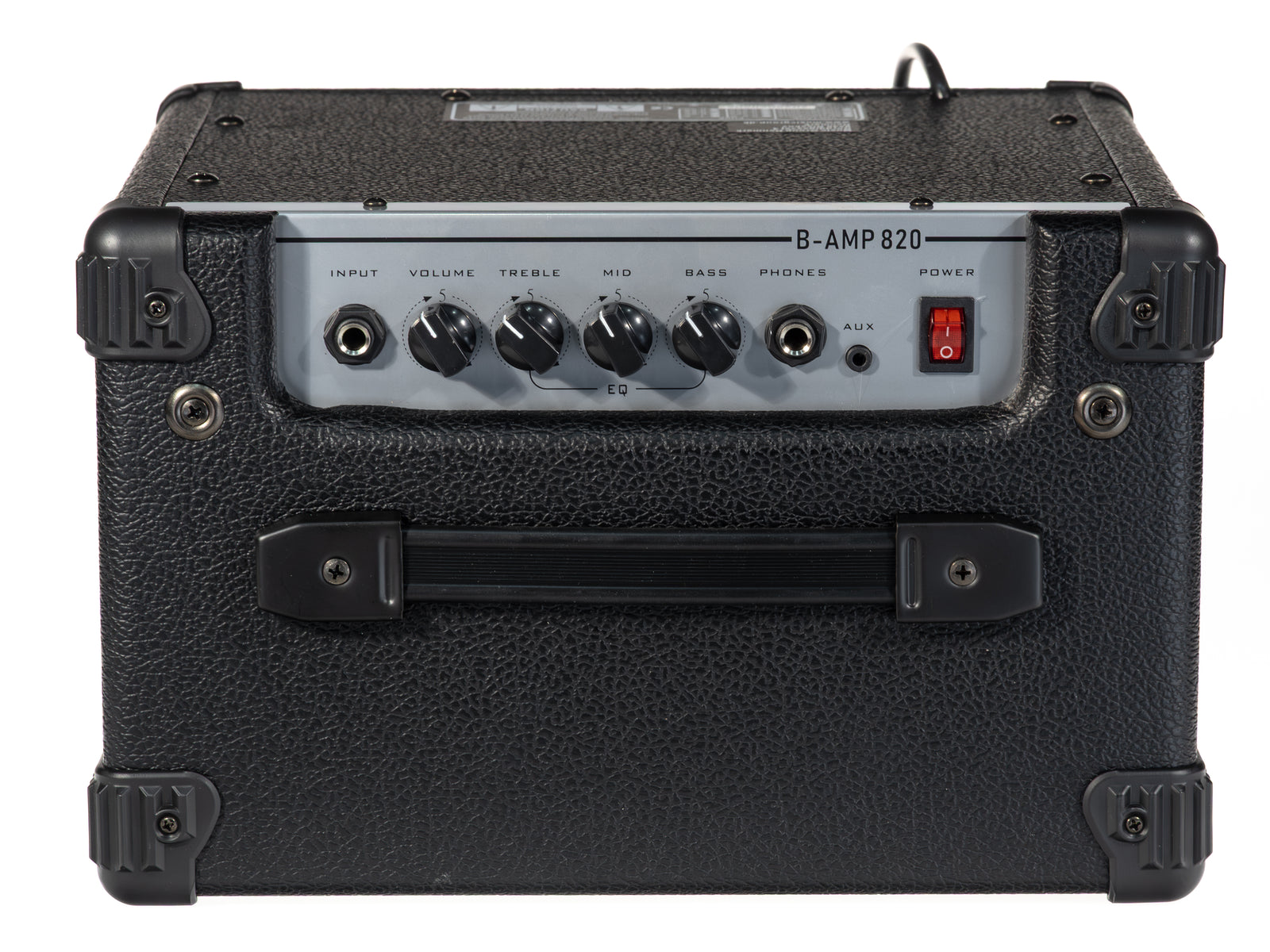 Ein schwarzer B-AMP 820 Gitarrenverstärker mit Reglern, Eingangsbuchse und rotem Netzschalter vor weißem Hintergrund.